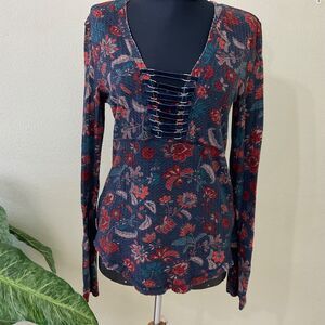 William Rast Blouse top Women's size L Lace-Up Henley Boho LS distressed raw hem